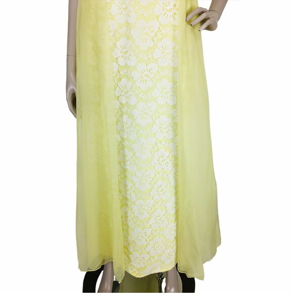 VTG 60s Yellow Floral Lace Chiffon Organza Cape Train Shoulder Bows Maxi Dress - Picture 8 of 12
